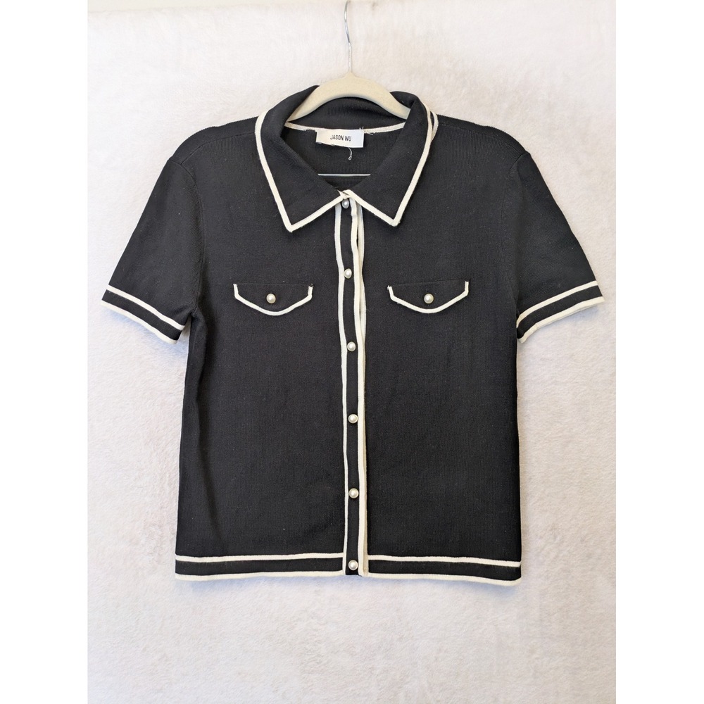 Jason Wu Knit Top Women's S Black Short Sleeve Pearl Button